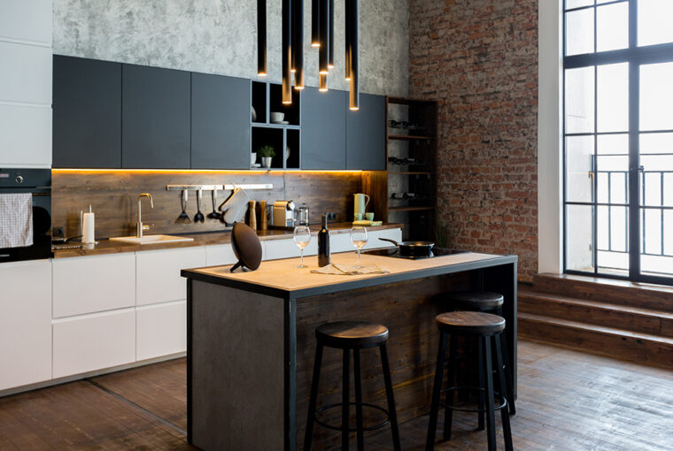 Modern black and white kitchen with black metal and wood kitchen island
