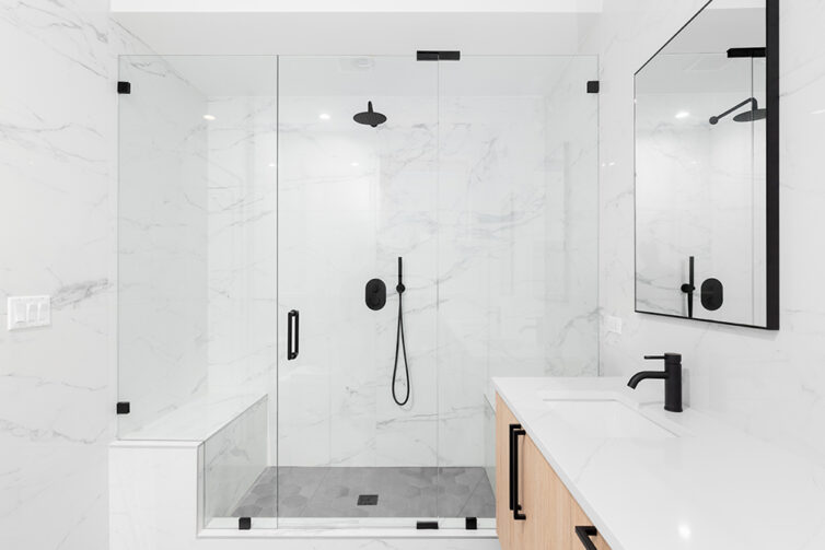 Modern Luxury shower with seating area and rain shower head