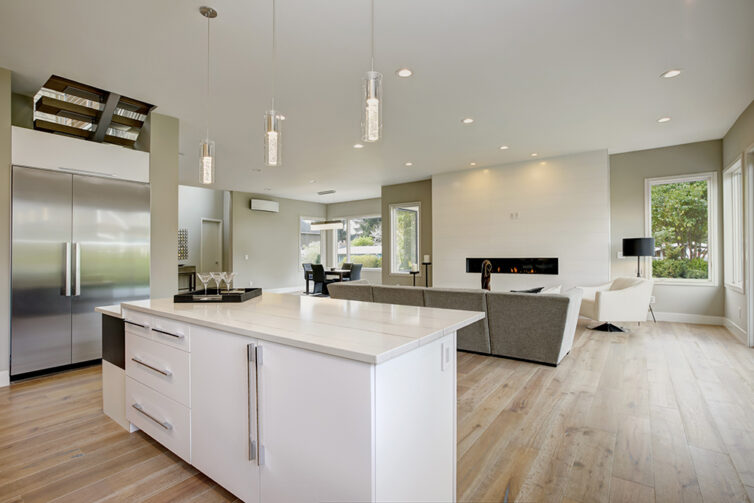 large white modern kitchen with kitchen island