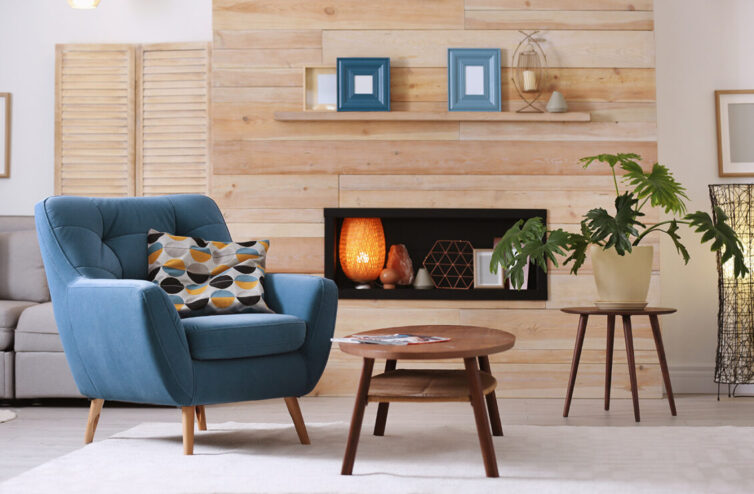 Wooden accent wall in living room