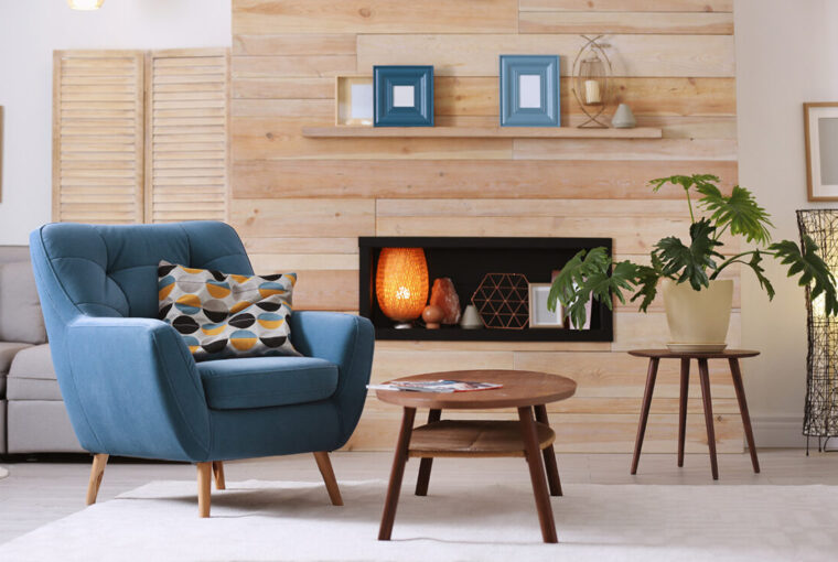 Wooden accent wall in living room