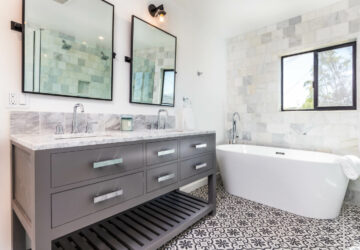 Grey and white modern bathroom with double sink, square bathroom mirrors and stand alone bath tub