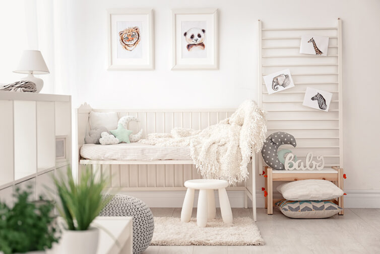 White and cream childs bedroom with open sided childs bed