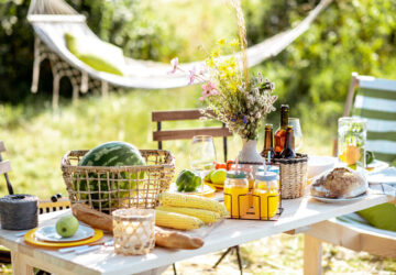Garden party with fruit and vegtables on the table