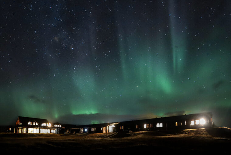 HELLA, ICELAND - in december at luxury hotel in Iceland beneath Northern Lights