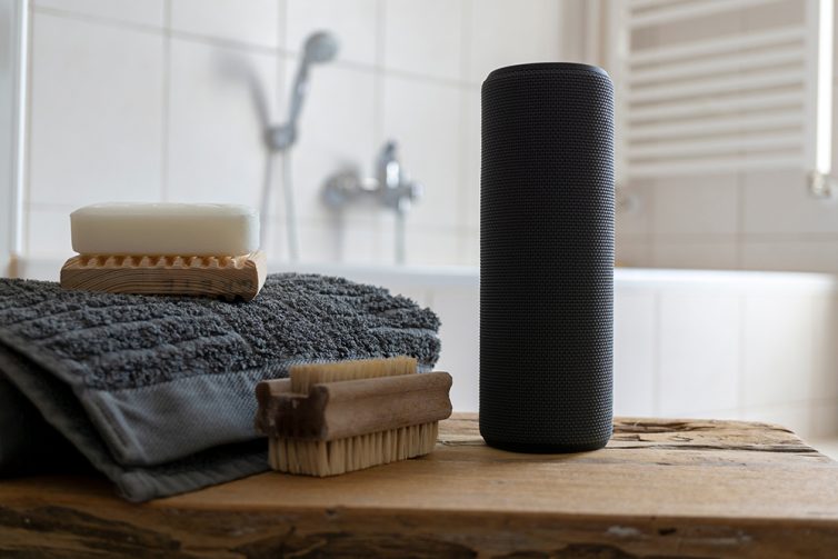 Bathroom with nail brushes, towel and bathroom bluetooth speaker