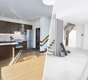 Home renovation concept. Before and after interior in modern style