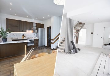 Home renovation concept. Before and after interior in modern style