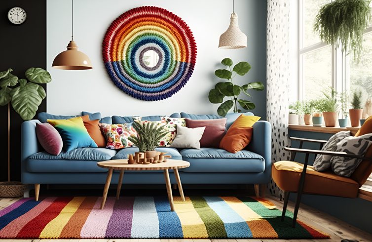 Eclectic boho living room with light blue sofa, rainbow wall hanging and rainbow coloured rug
