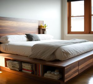 large dark wood bed with storage compartments underneath the bed and in the headboard