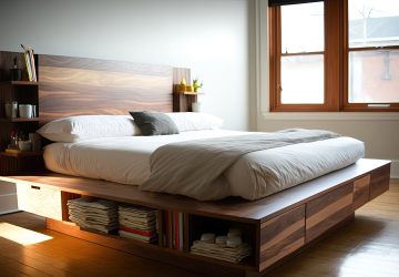 large dark wood bed with storage compartments underneath the bed and in the headboard