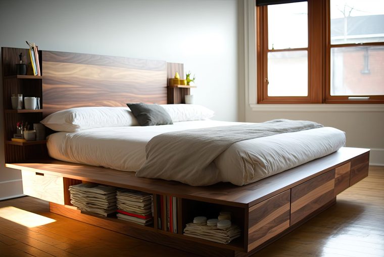 large dark wood bed with storage compartments underneath the bed and in the headboard