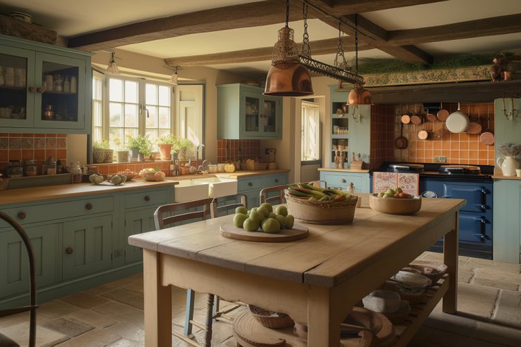 Country kitchen with large wooden table, butler sinks, light blue pained kitchen cupboards and natural tiled flooring
