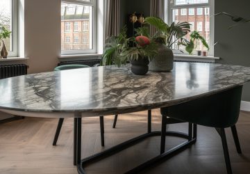 big curved oval marble table in a Amsterdam loft