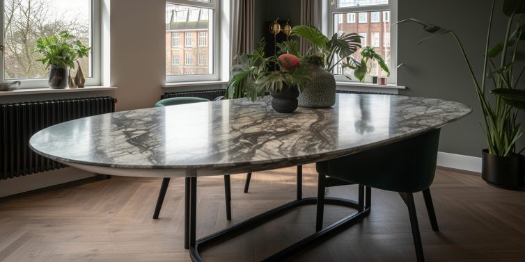 big curved oval marble table in a Amsterdam loft