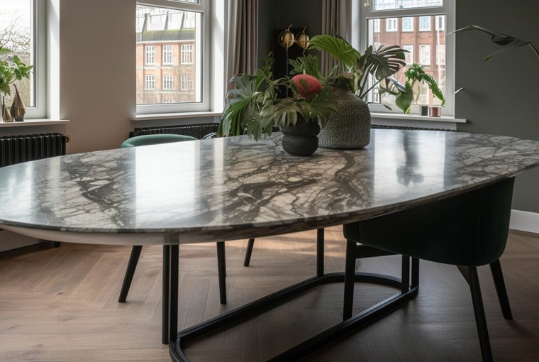 big curved oval marble table in a Amsterdam loft
