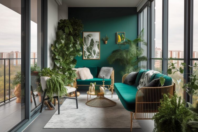 Living room with green painted wall, large plants and jewel green sofa