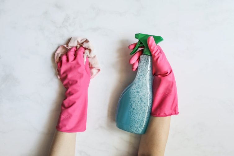 Pink rubber gloves, cleaning cloth and spray